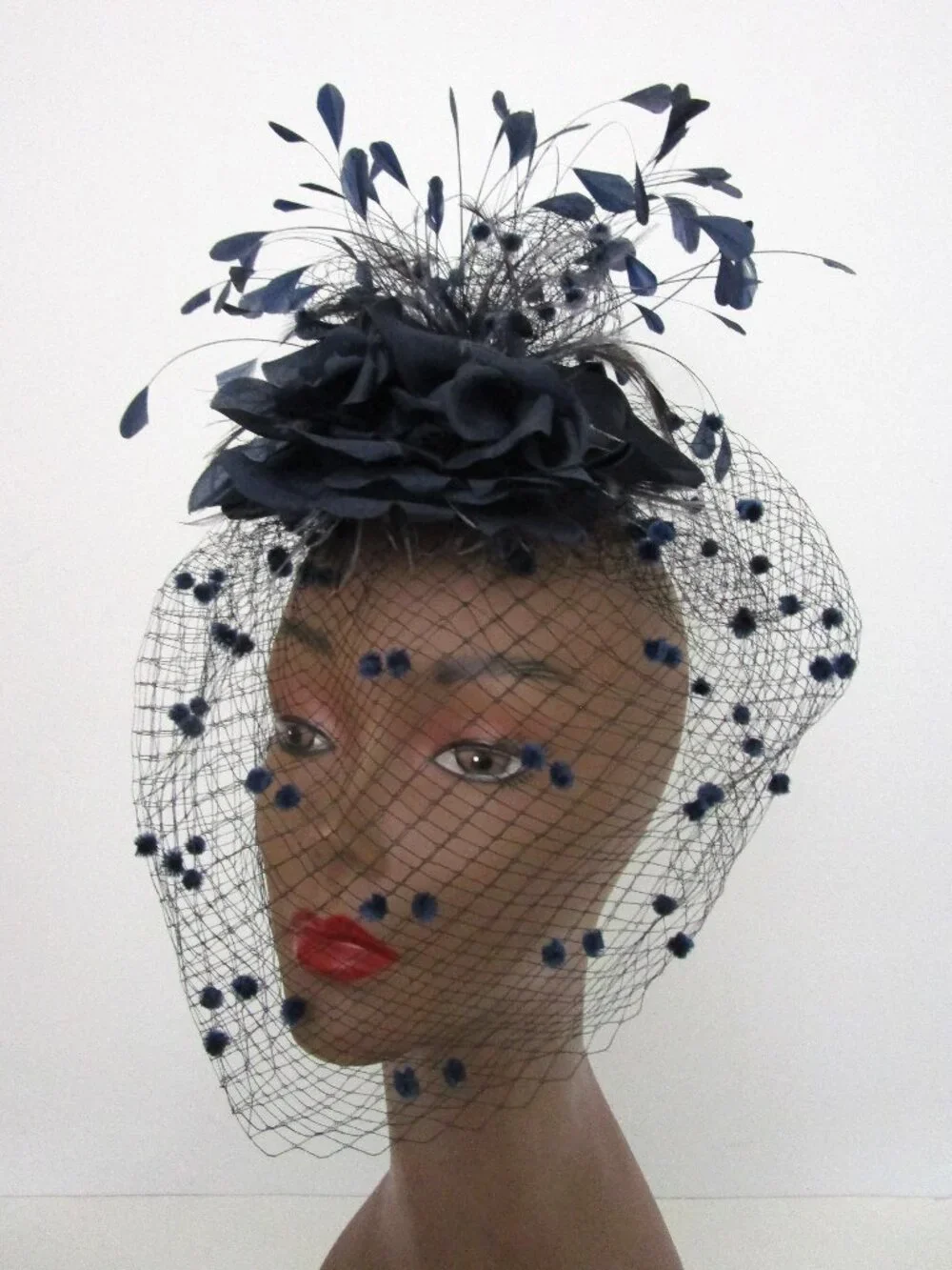 Flocked Veiled Cocktail Hat Silk Flower Feather Navy Wedding